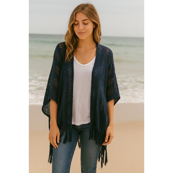 New POL Navy Blue Fringe Crochet Open Front Cardigan Size Small Boho